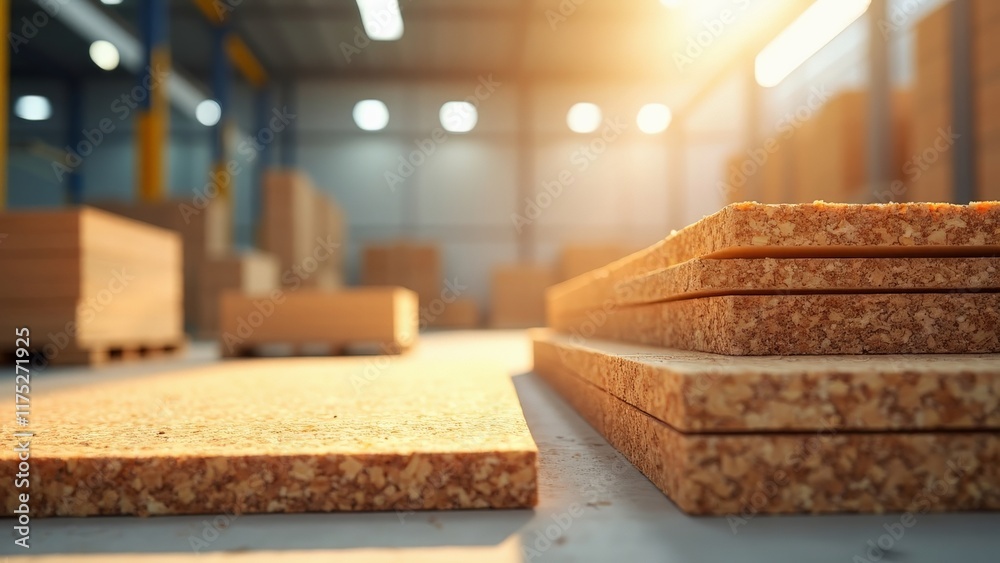 Stacked Particleboard Sheets in Industrial Warehouse Stacked Particleboard Sheets in Industrial Warehouse