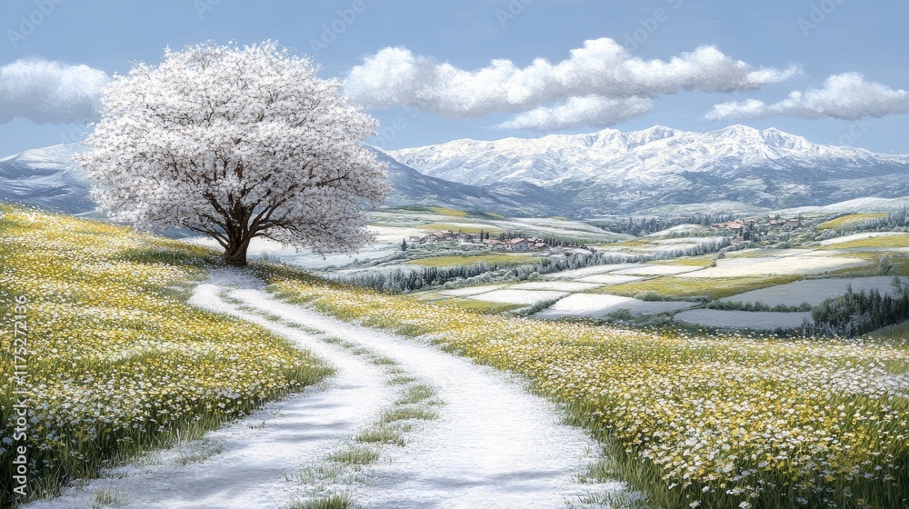 Solitary blossoming tree on a winding path leading to snow-capped mountains