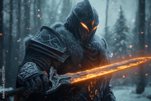 A mystical knight clad in enchanted armor, wielding a glowing sword, standing before a magical portal surrounded by ethereal lights