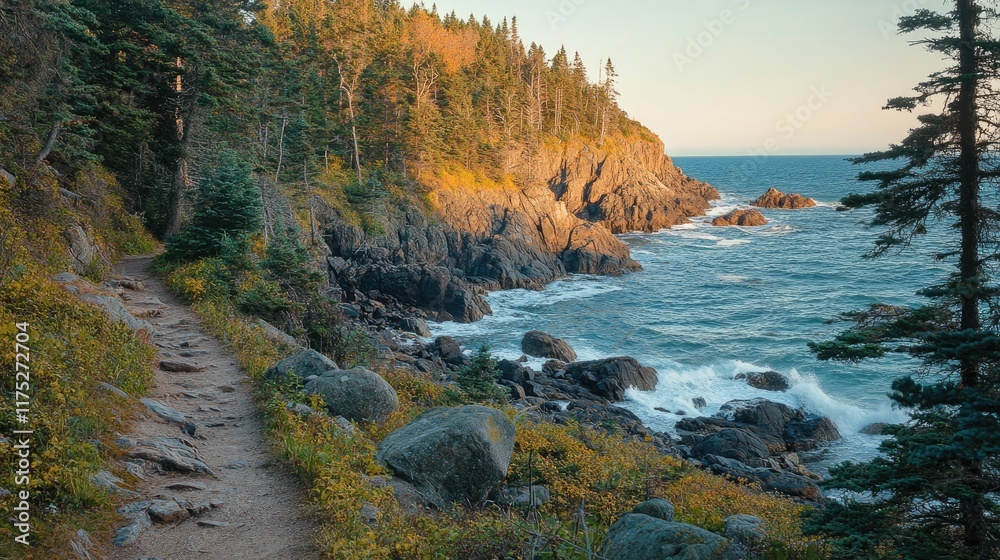 Coastal Trail Winding Through Autumnal Forest Towards Ocean Coastal Trail Winding Through Autumnal Forest Towards Ocean