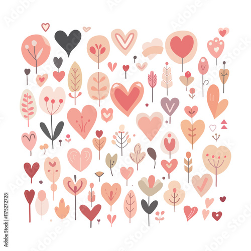 Set of hearts, leaves and flowers, love.