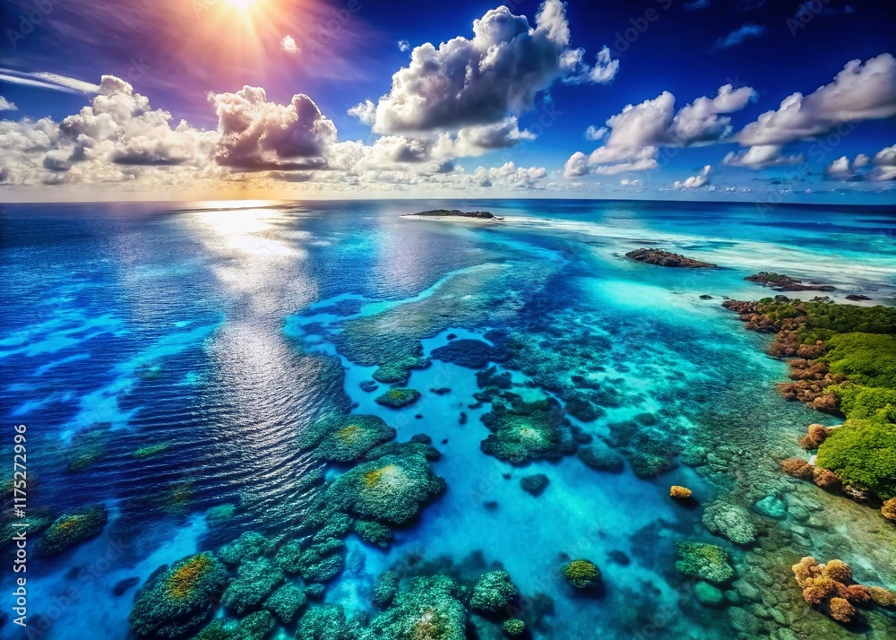 Stunning Aerial View of Vibrant Blue Ocean Floor, Underwater Seascape, Coral Reef, Tropical Paradise Stunning Aerial View of Vibrant Blue Ocean Floor, Underwater Seascape, Coral Reef, Tropical Paradise