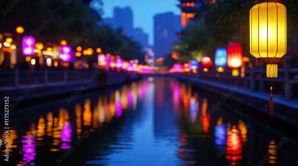Fototapeta premium A serene canal scene illuminated by colorful lanterns at dusk.