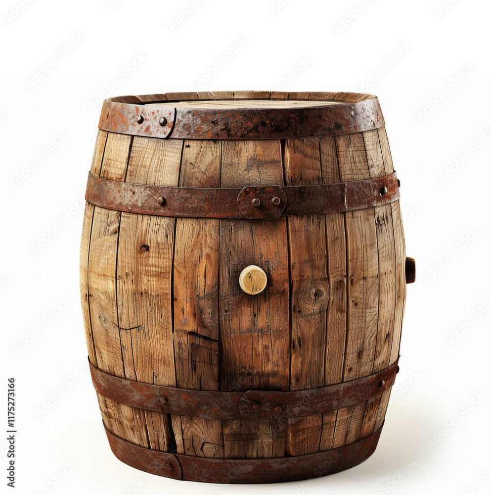 Old, wooden wine barrel with rusty metal bands isolated on white background. Old, wooden wine barrel with rusty metal bands isolated on white background.