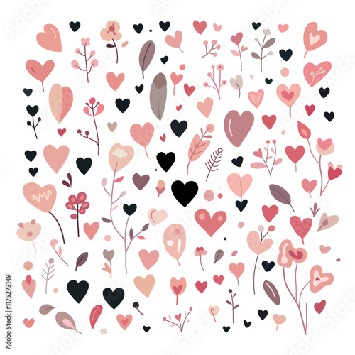 Set of hearts, leaves and flowers, love.