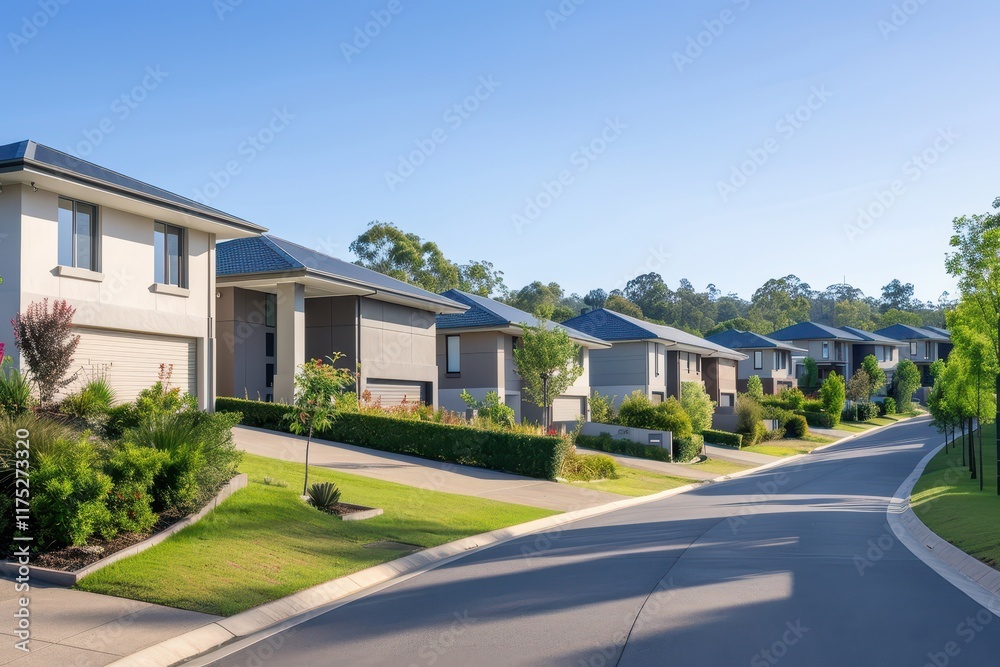 Tranquil Residential Neighborhood with Modern Houses Surrounded by Lush Greenery and Clear Blue Sky in the Early Morning Light Tranquil Residential Neighborhood with Modern Houses Surrounded by Lush Greenery and Clear Blue Sky in the Early Morning Light