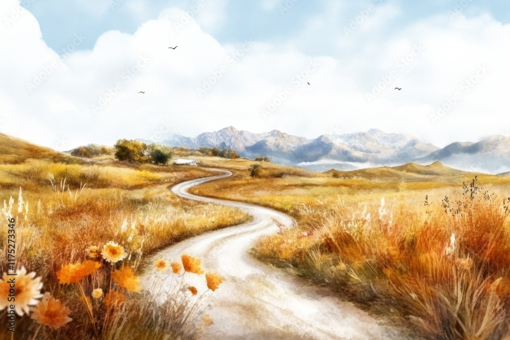 A dreamy watercolor of a highway through rolling hills, with vibrant greens and soft blue skies A dreamy watercolor of a highway through rolling hills, with vibrant greens and soft blue skies