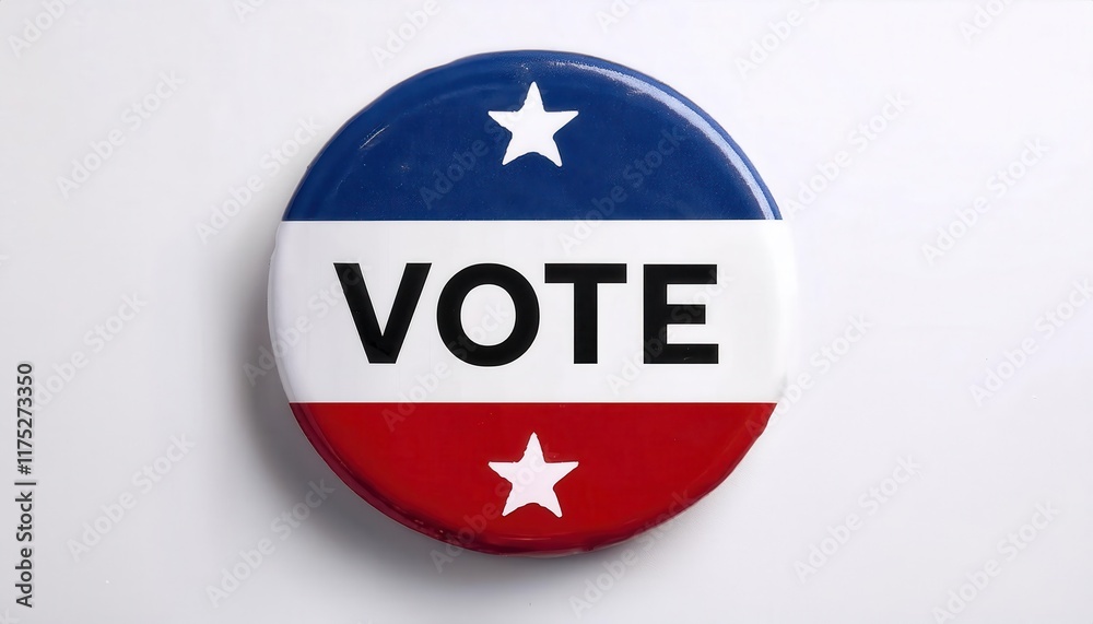 Red, white, and blue political campaign button with bold Red, white, and blue political campaign button with bold