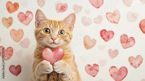Cute cat holding a red heart surrounded by hearts in a colorful arrangement for a cheerful expression of love. Valentine's Day Card