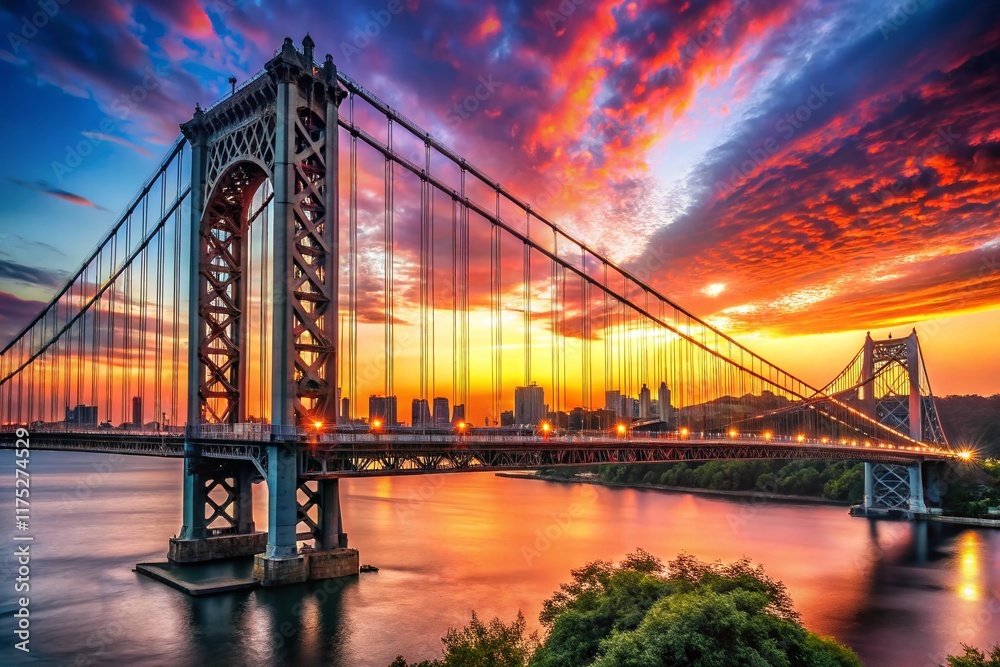 Fototapeta premium Stunning Bokeh View from Below the George Washington Bridge at Sunset