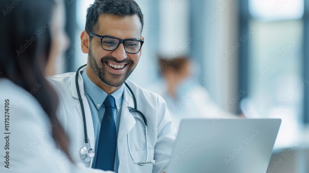 Smiling Male Doctor Working on Laptop in Modern Medical Office with Colleagues in Background, Healthcare Professional Using Technology, Happy Physician Offering Consultation and Support Smiling Male Doctor Working on Laptop in Modern Medical Office with Colleagues in Background, Healthcare Professional Using Technology, Happy Physician Offering Consultation and Support