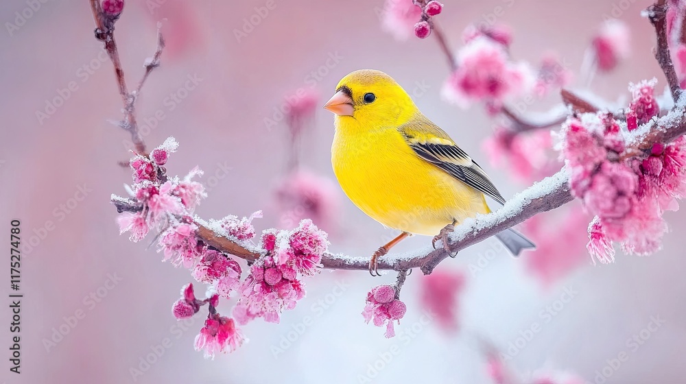 American Goldfinch perched on a branch, showcasing its vibrant yellow plumage American Goldfinch perched on a branch, showcasing its vibrant yellow plumage
