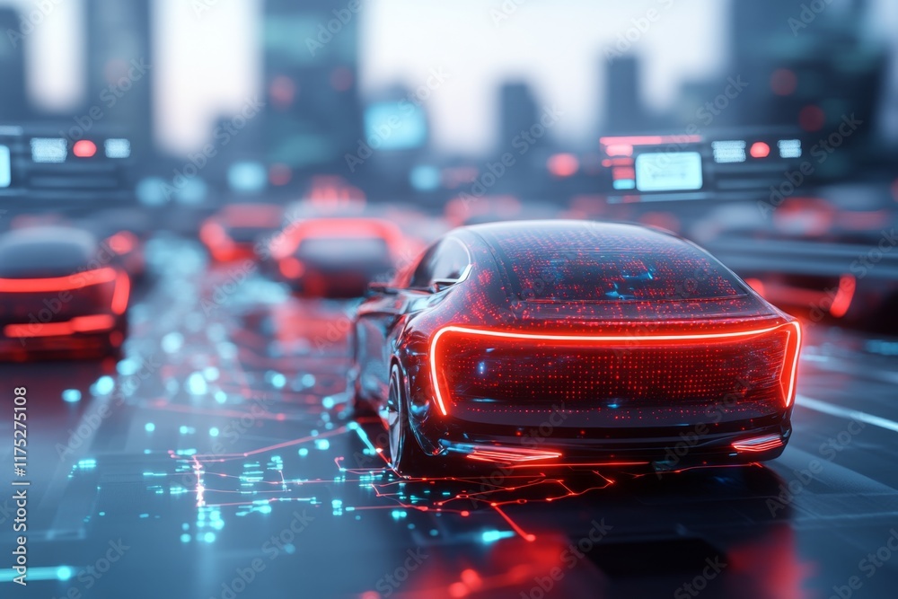 A futuristic 3D illustration of a glowing highway network, with cars moving in coordinated paths above a sci-fi cityscape A futuristic 3D illustration of a glowing highway network, with cars moving in coordinated paths above a sci-fi cityscape