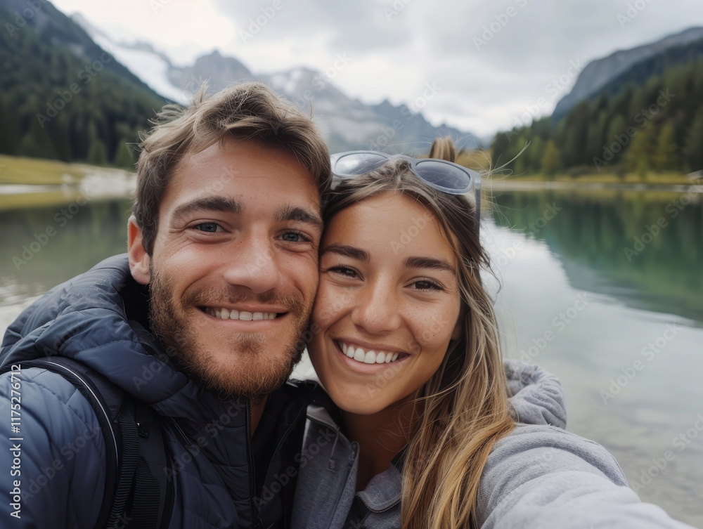 A Happy Couple Enjoying a Scenic Landscape with Mountain Reflection in a Tranquil Lake Setting During a Cloudy Day in Nature A Happy Couple Enjoying a Scenic Landscape with Mountain Reflection in a Tranquil Lake Setting During a Cloudy Day in Nature