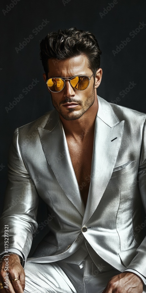 Fototapeta premium Stylish man in a silver suit with sunglasses posing confidently indoors
