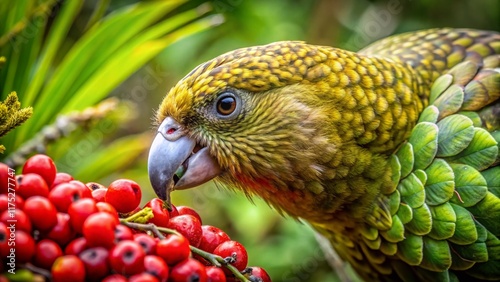 Stunning New Zealand Native Birds Enjoying a Feast of Native Berries photo