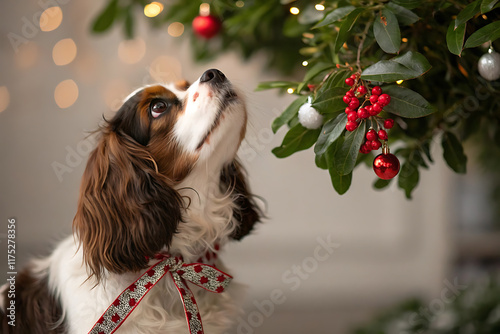 Adorable cavalier king charles spaniel with festive holiday decorations.