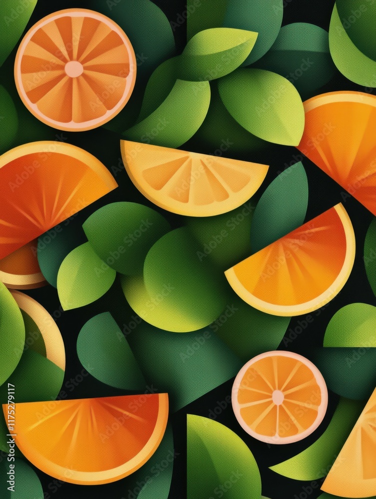 Vibrant citrus and green leaves on a dark background Vibrant citrus and green leaves on a dark background