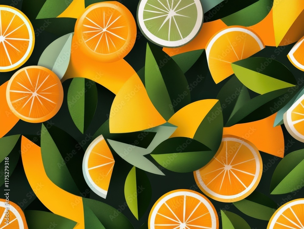 Colorful citrus fruits arranged creatively with green leaves Colorful citrus fruits arranged creatively with green leaves