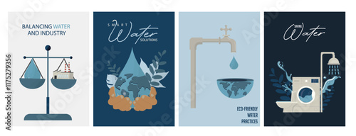 Water conservation card templates. Icons in abstract flat style. Water poster set. Environment day and ecology. World water day. Water concept. Vector illustration