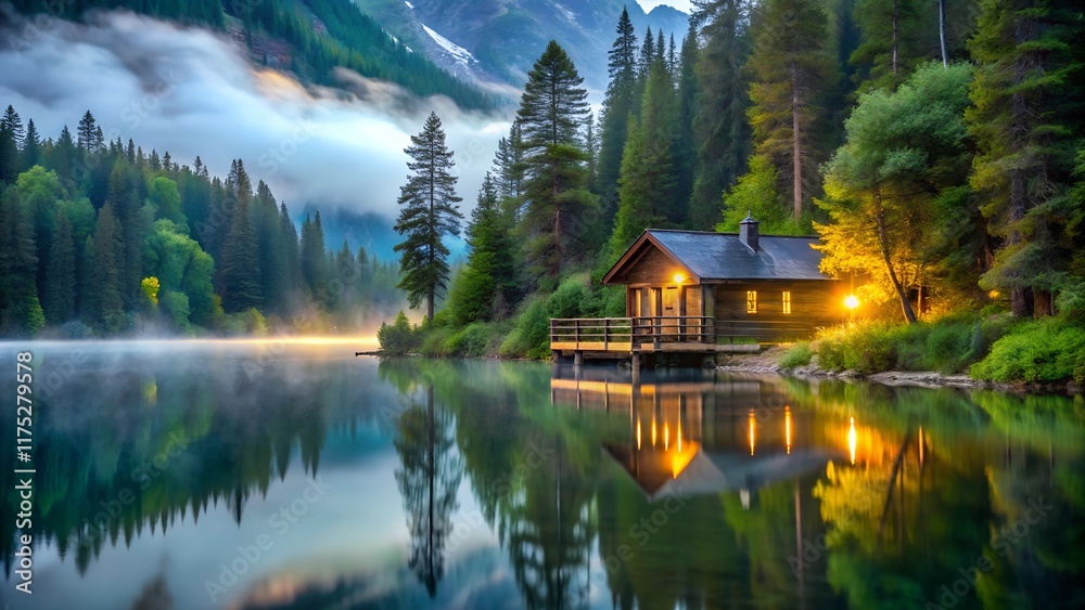 Fototapeta premium A serene lakeside scene featuring a cozy wooden cabin illuminated warmly, surrounded by lush green trees and misty mountains in the background, reflecting softly on the calm water.