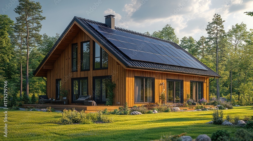Obraz premium Modern wooden house with solar panels.