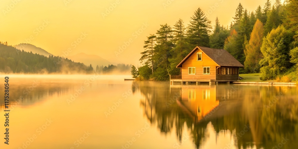 Fototapeta premium A serene lakeside scene featuring a cozy wooden cabin illuminated warmly, surrounded by lush green trees and misty mountains in the background, reflecting softly on the calm water.