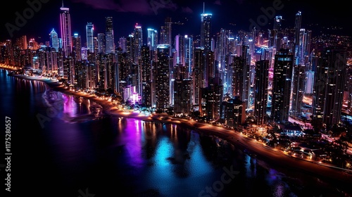 Modern city skylines illuminated by vibrant lights reflecting on water, showcasing urban architecture and night photography with colorful atmospheres.