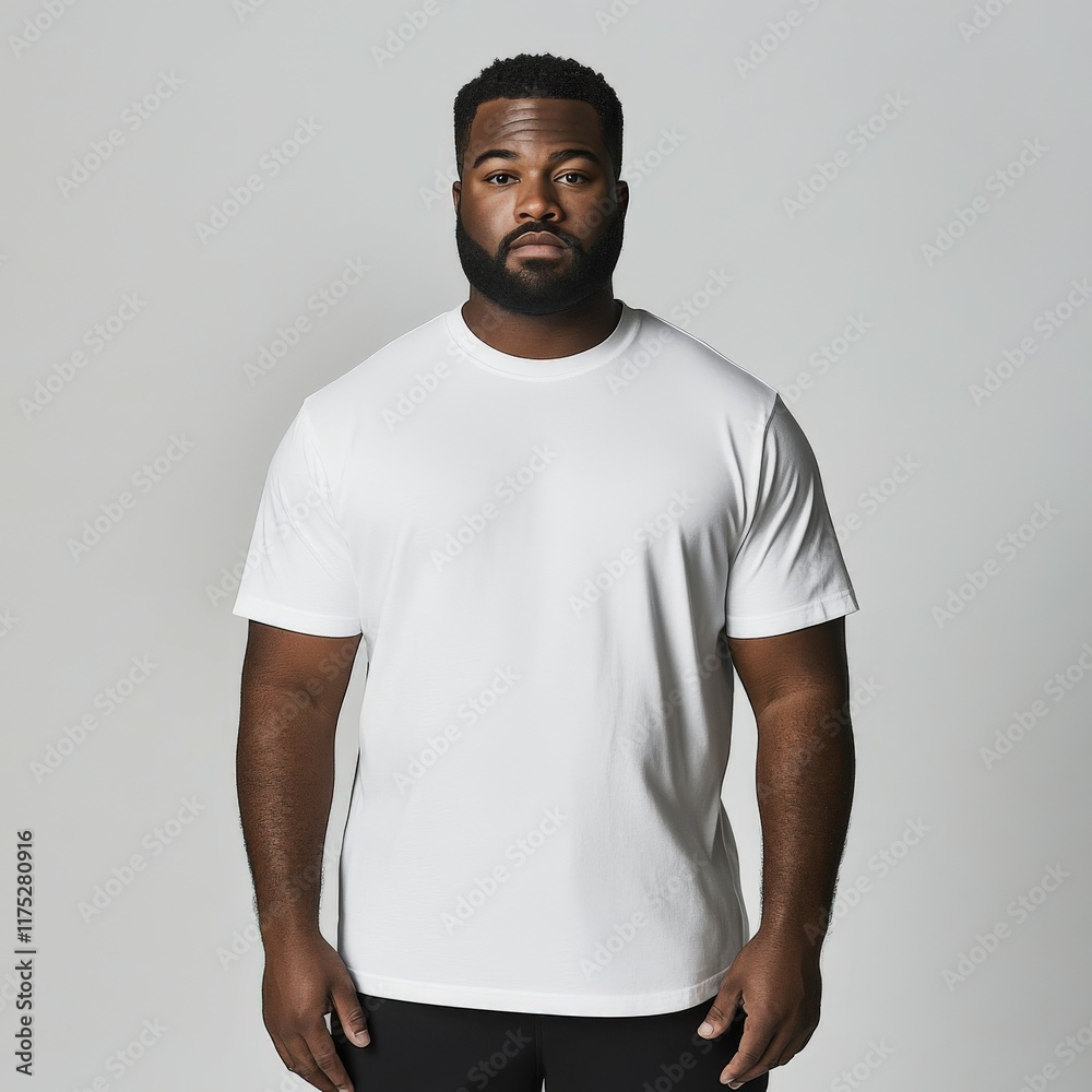 Man in plain white t-shirt stands confidently against light backdrop Man in plain white t-shirt stands confidently against light backdrop