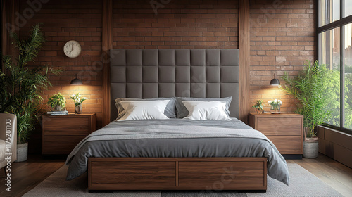 Wooden drawer nightstand beside bed with grey fabric headboard in loft-style bedroom