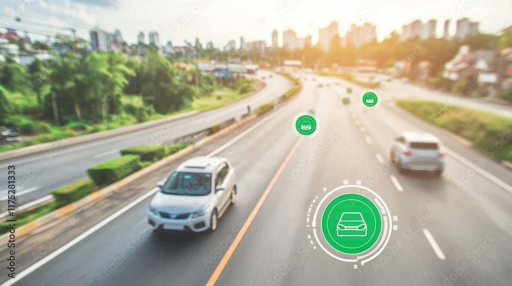 Fototapeta premium Autonomous Driving Technology on Highway: Smart Cars and Urban Landscape