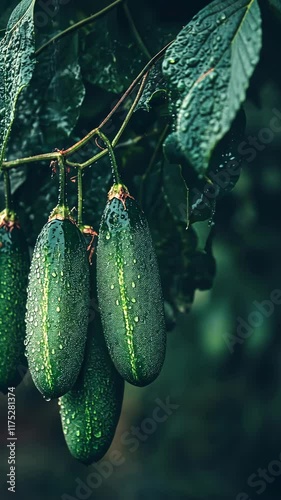 Fresh cucumbers with raindrops among green leaves in a garden