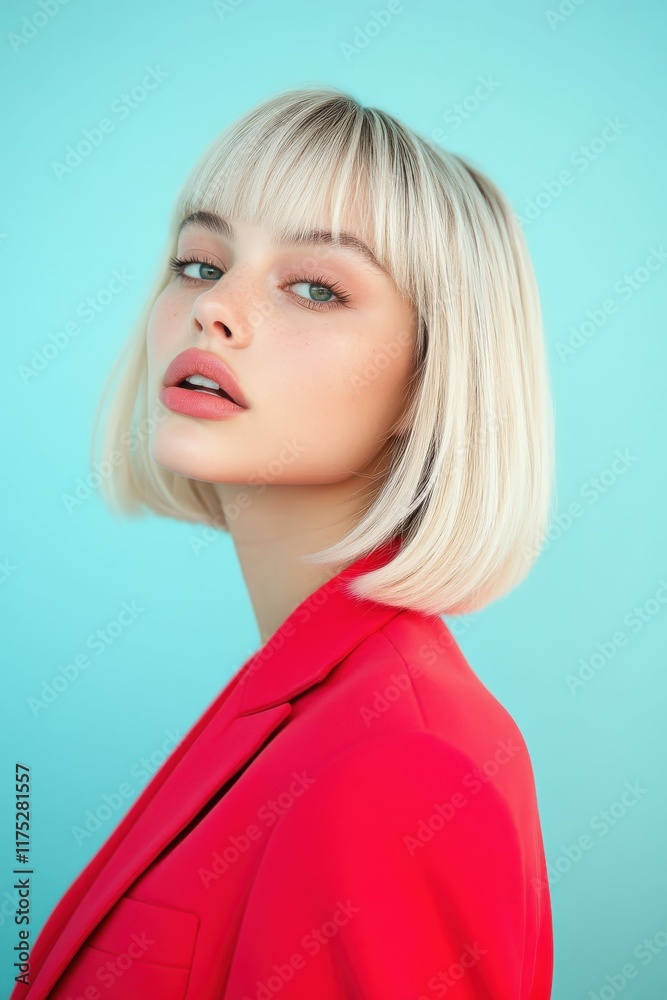 Stylish model poses with short blonde hair against a bright background Stylish model poses with short blonde hair against a bright background