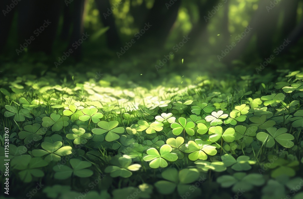 Shamrock field in a forest, with sunlight rays shining through the leaves of the clover, creating an enchanting atmosphere. Shamrock field in a forest, with sunlight rays shining through the leaves of the clover, creating an enchanting atmosphere.