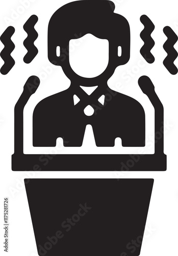 An illustration of a stickman icon standing on a podium, trembling and nervous, in silhouette