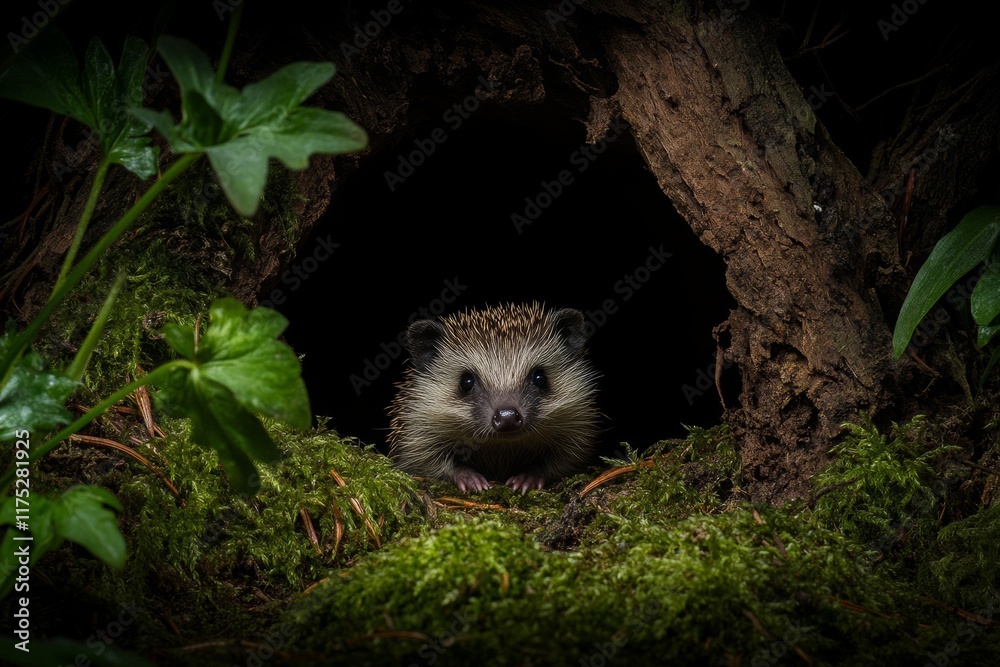 Naklejka premium In a pine forest, a small hedgehog (lat. Erinaceus europaeus) emerges from under the grass to look around
