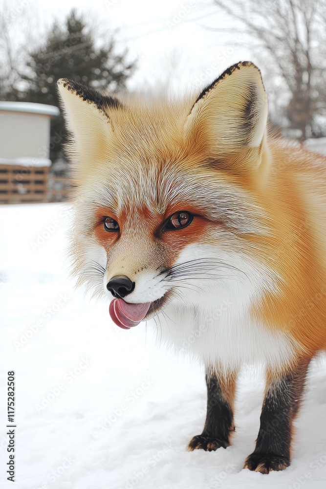 Obraz premium Close-up view of a red fox, vulpes vulpes, looking straight at the camera and licking its lips. The predator's forward-facing gaze suggests it is on the lookout for prey. The autumn scenery is rich