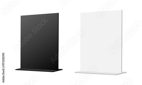 Table Tent, Black, White Mockups, Side View, Isolated On White Background. Vector Illustration