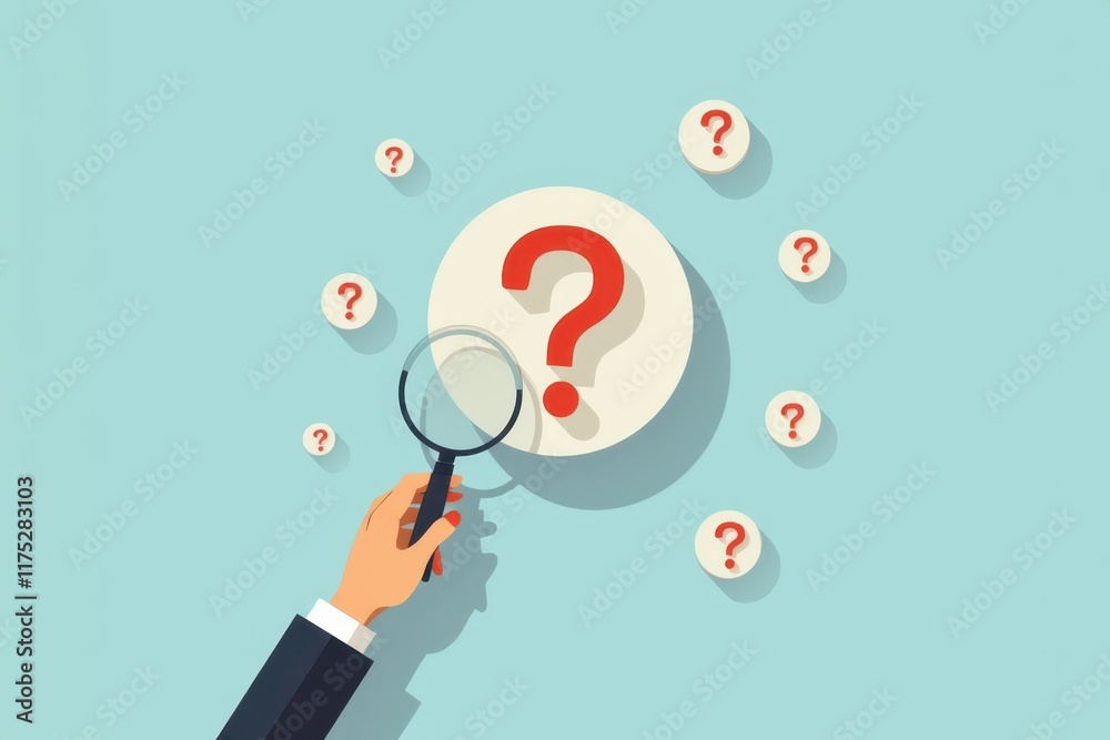a hand holding a magnifying glass with question marks a hand holding a magnifying glass with question marks