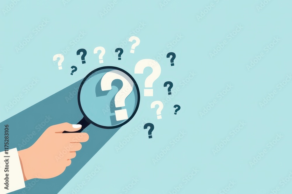 a hand holding a magnifying glass with question marks a hand holding a magnifying glass with question marks