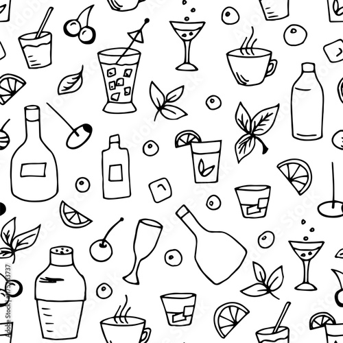 Simple seamless vector pattern in doodle style. Cafe bar, drinks, alcohol. Cups, glasses, lemon slice, mint leaves, bubbles, cocktail. Black outline on white background. Wrapping paper print, label.