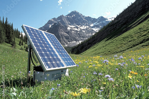 A portable power station with two adjustable solar panels charging in a wildflower meadow, with a backdrop of snow-capped mountains. Ideal for off-grid adventures and sustainable living. 