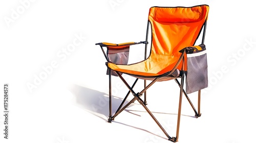 A bright orange folding chair with a white background