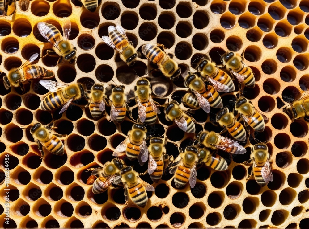 Bees collecting nectar and producing honey in a beehive during a warm sunny day outdoors Bees collecting nectar and producing honey in a beehive during a warm sunny day outdoors