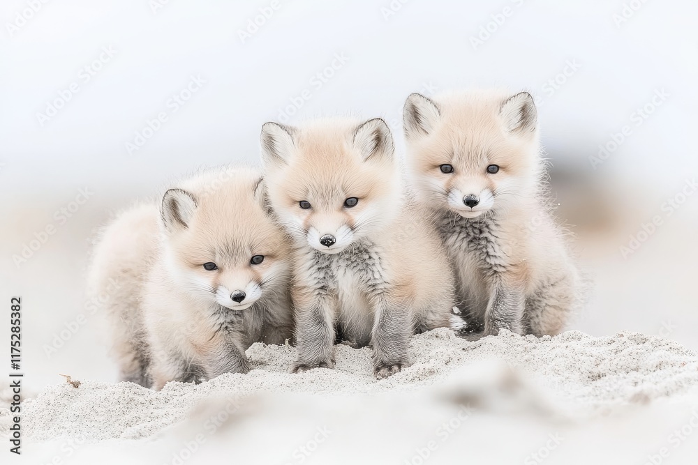 Red foxes, vulpes vulpes, tiny cubs near the den looking curiously around. Adorable wild predators in their natural environment Red foxes, vulpes vulpes, tiny cubs near the den looking curiously around. Adorable wild predators in their natural environment