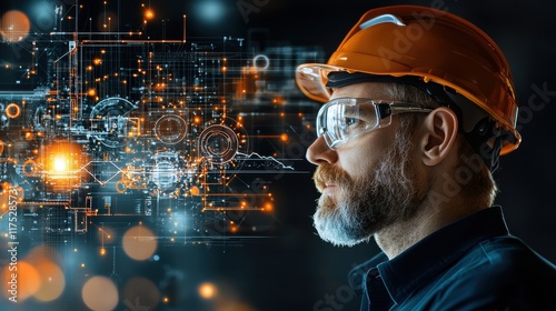 Confident engineer analyzing innovative technology solutions amidst mountainous landscape digital transformation inspiring viewpoint professional environment