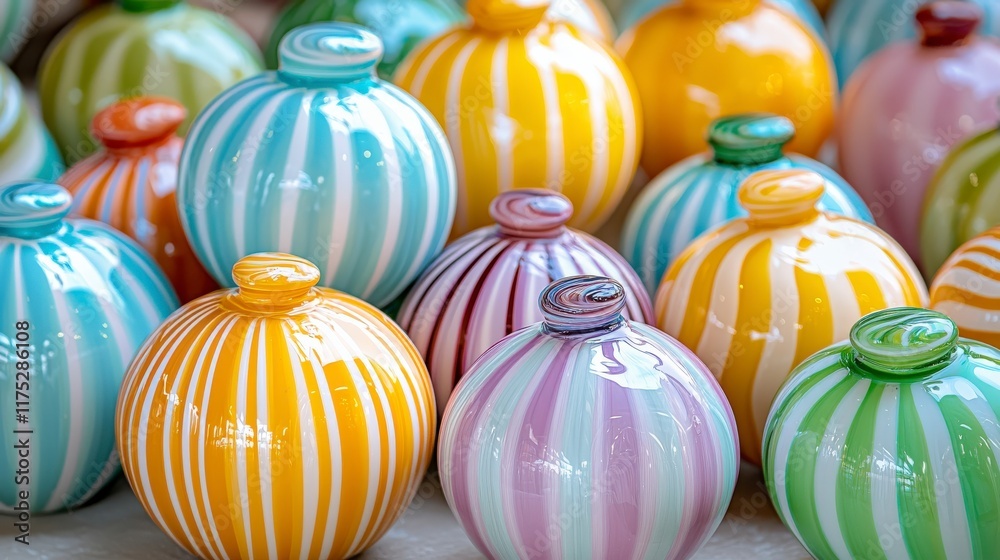 Fototapeta premium Colorful Striped Decorative Glass Ornaments in Various Pastel Shades for Home Decoration and Crafts