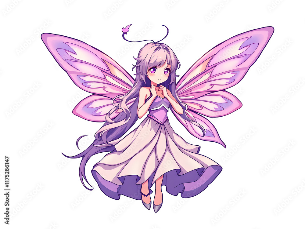 Enchanting Anime Fairy with Magical Wings: Anime Style Contour Vector Art on White Background Enchanting Anime Fairy with Magical Wings: Anime Style Contour Vector Art on White Background