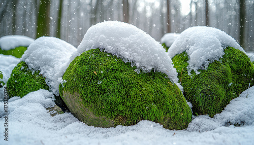 Mossy rocks covered in snow create serene winter woodland scene