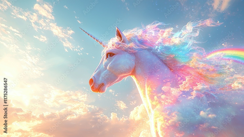 Majestic Unicorn in a Dreamlike Rainbow Sky: A Fantasy Art Masterpiece